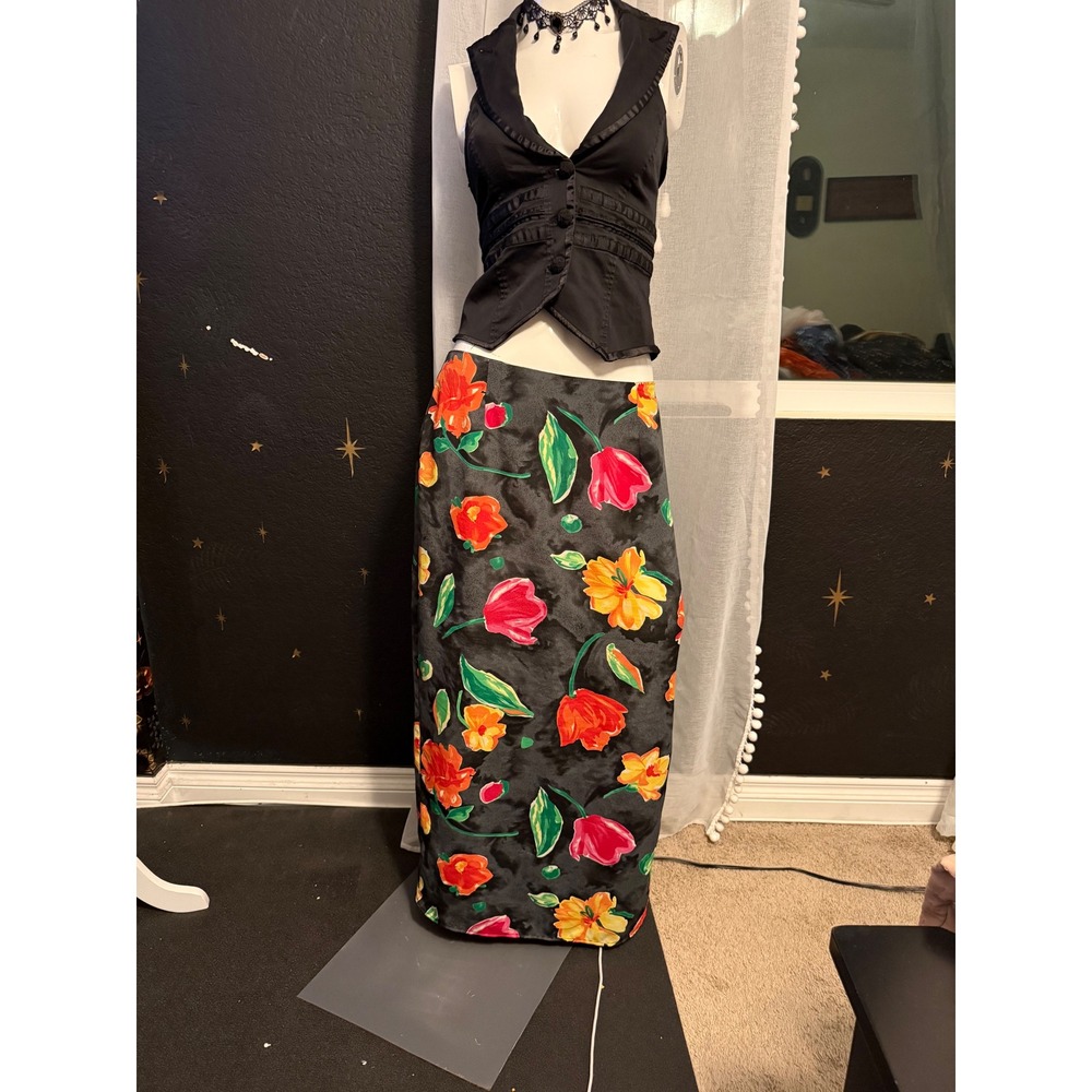 Vintage La Belle Fashions Floral Maxi Skirt Womens 11 Gray Red Orange Tulip USA